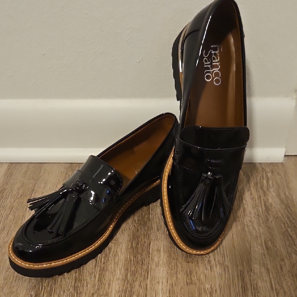 Franco Sarto Black Patent Tassel Loafers with Tan Trim